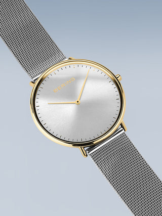 Angle shot of Bering 15739-010 Gold Dial Silver Stainless Steel Unisex Watch on white background