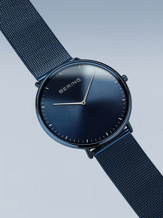 Angle shot of Bering 15739-397 Blue Stainless Steel Unisex Watch on white background