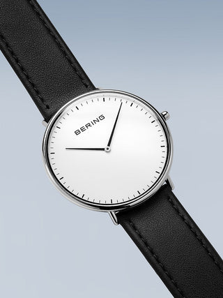 Angle shot of Bering 15739-404 White Dial Black Leather Unisex Watch on white background