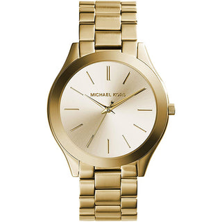 Front view of Michael Kors Slim Runway MK3179 Gold Stainless Steel Womens Watch on white background