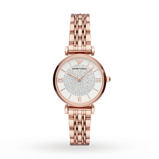 Front view of Emporio Armani TBar Gianni AR11244 Crystal Dial Rose Gold Stainless Steel Womens Watch on white background