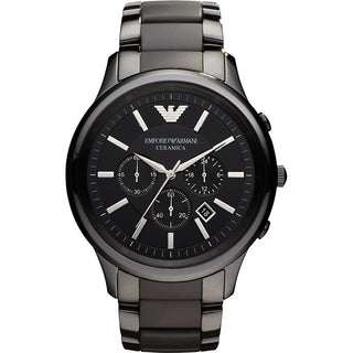 Front view of Emporio Armani Ceramica Chronograph AR1451 Black Ceramic Mens Watch on white background