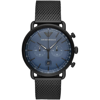 Front view of Emporio Armani Aviator Chronograph AR11201 Blue Dial Black Stainless Steel Mens Watch on white background