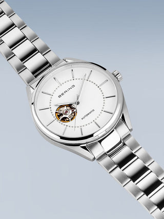 Angle shot of Bering 16743-704 White Dial Silver Stainless Steel Unisex Watch on white background