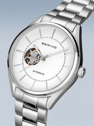 Angle shot of Bering 16743-704 White Dial Silver Stainless Steel Unisex Watch on white background