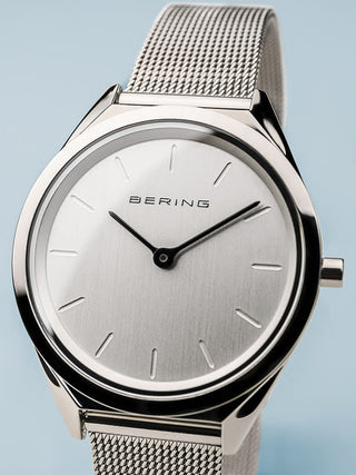 Angle shot of Bering Ultra Slim 17031-000 Silver Stainless Steel Womens Watch on white background