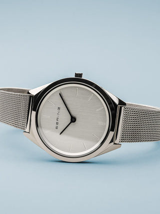 Angle shot of Bering 17031-000 Silver Stainless Steel Womens Watch on white background
