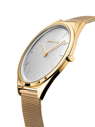 Angle shot of Bering 17039-334 Silver Dial Gold Stainless Steel Unisex Watch on white background