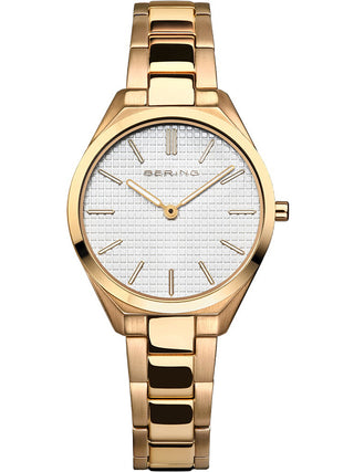 Front view of Bering Ultra Slim 17231-734 White Dial Gold Stainless Steel Womens Watch on white background