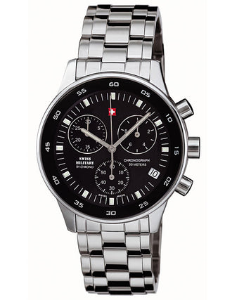 Front view of Swiss Military By Chrono Chronograph SM30052.01 Black Dial Silver Stainless Steel Unisex Watch on white background