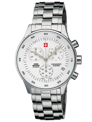 Front view of Swiss Military By Chrono Chronograph SM30052.02 White Dial Silver Stainless Steel Unisex Watch on white background