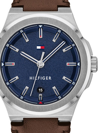 Front view of Tommy Hilfiger 1791645 Blue Dial Brown Leather Unisex Watch on white background