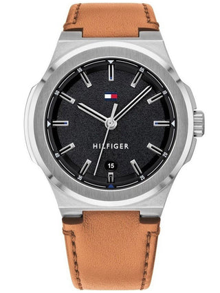 Angle shot of Tommy Hilfiger 1791650 Black Dial Brown Leather Unisex Watch on white background