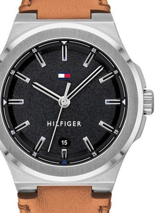 Front view of Tommy Hilfiger 1791650 Black Dial Brown Leather Unisex Watch on white background