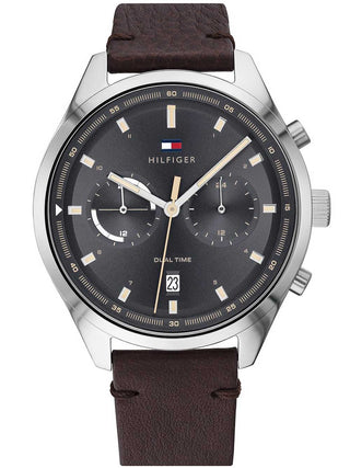 Front view of Tommy Hilfiger 1791729 Grey Dial Brown Leather Unisex Watch on white background