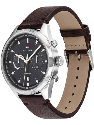 Angle shot of Tommy Hilfiger 1791729 Grey Dial Brown Leather Unisex Watch on white background