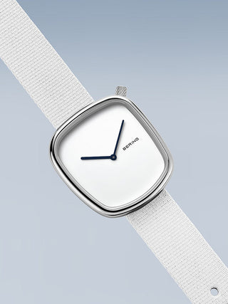 Angle shot of Bering 18034-007 White Textile Womens Watch on white background