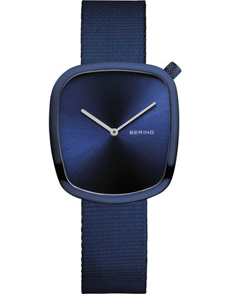 Front view of Bering 18034-397 Blue Textile Womens Watch on white background