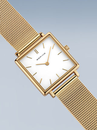 Angle shot of Bering 18226-334 White Dial Gold Stainless Steel Womens Watch on white background