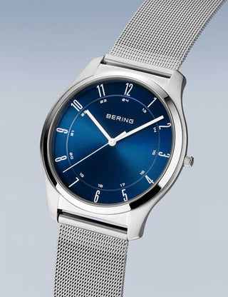 Angle shot of Bering 18340-307 Blue Dial Silver Stainless Steel Unisex Watch on white background