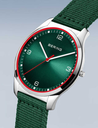 Angle shot of Bering 18342-508 Green Textile Unisex Watch on white background