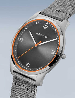 Angle shot of Bering 18342-577 Grey Textile Unisex Watch on white background