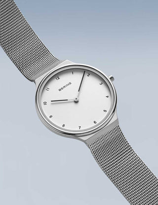 Angle shot of Bering 18434-004 White Dial Silver Stainless Steel Womens Watch on white background