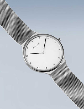 Angle shot of Bering 18440-004 White Dial Silver Stainless Steel Unisex Watch on white background