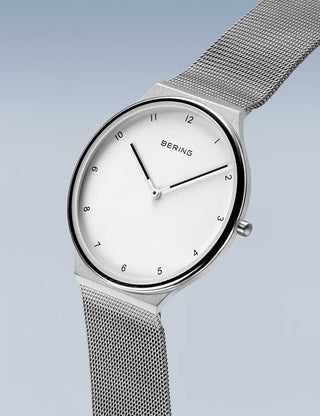 Angle shot of Bering 18440-004 White Dial Silver Stainless Steel Unisex Watch on white background