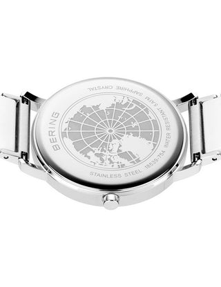 Angle shot of Bering 18535-754 White Dial Silver Strap Womens Watch on white background