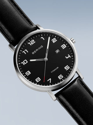 Angle shot of Bering 18640-402 Black Leather Unisex Watch on white background