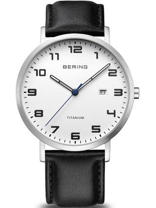 Front view of Bering 18640-404 White Dial Black Leather Unisex Watch on white background