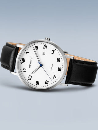 Angle shot of Bering 18640-404 White Dial Black Leather Unisex Watch on white background