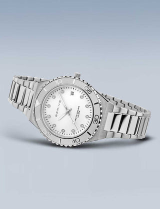 Angle shot of Bering 18936-704 Silver Stainless Steel Womens Watch on white background