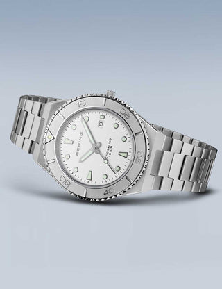 Angle shot of Bering 18940-704 White Dial Silver Stainless Steel Unisex Watch on white background