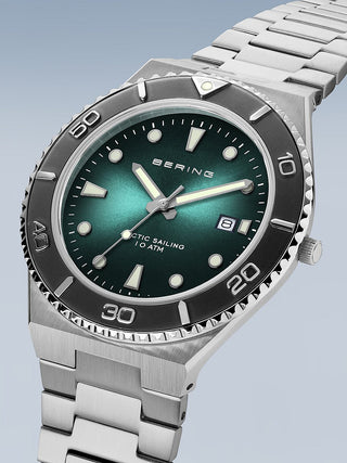 Angle shot of Bering 18940-708 Green Dial Silver Stainless Steel Unisex Watch on white background