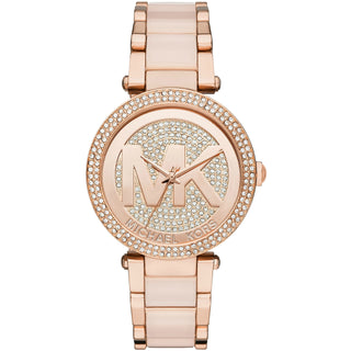 Front view of Michael Kors Parker MK6176 Pink Dial Rose Gold Stainless Steel Womens Watch on white background