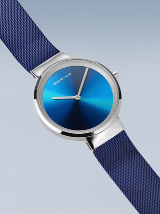 Angle shot of Bering 19031-307 Blue Stainless Steel Womens Watch on white background