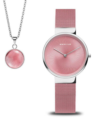 Front view of Bering 19031-989-GWP Pink Stainless Steel Womens Watch on white background