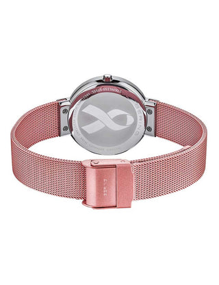 Angle shot of Bering 19031-989-GWP Pink Stainless Steel Womens Watch on white background