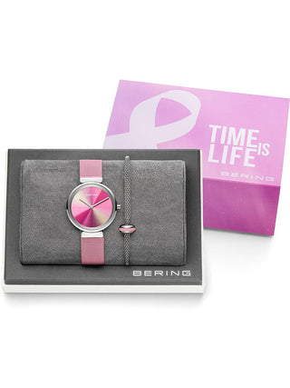 Angle shot of Bering 19031-999-GWP Pink Stainless Steel Womens Watch on white background