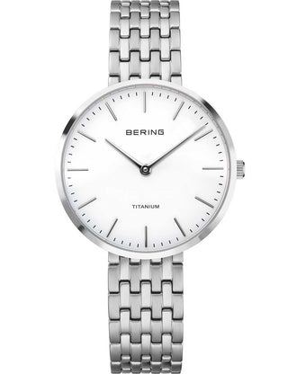 Front view of Bering 19334-004 White Dial Silver Titanium Womens Watch on white background