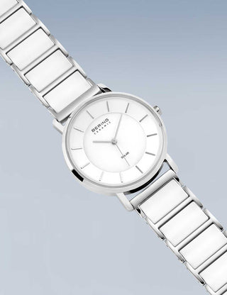 Angle shot of Bering 19535-754 White Dial Silver Strap Womens Watch on white background