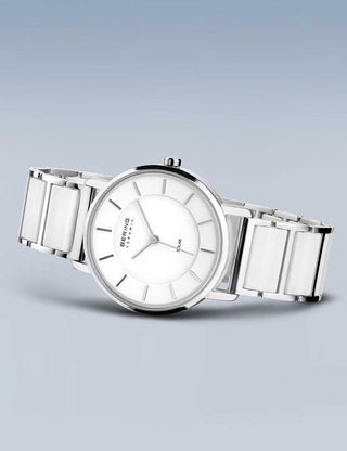 Angle shot of Bering 19535-754 White Dial Silver Strap Womens Watch on white background