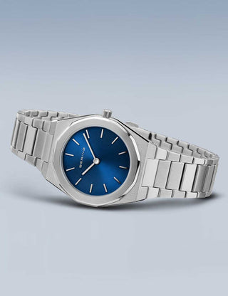 Angle shot of Bering 19632-707 Blue Dial Silver Stainless Steel Womens Watch on white background