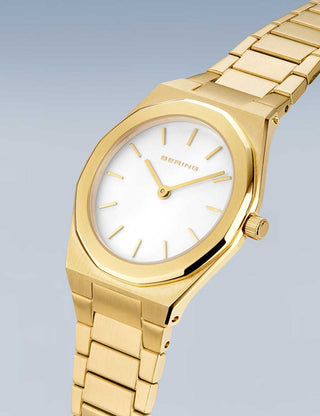 Angle shot of Bering 19632-730 White Dial Gold Stainless Steel Womens Watch on white background