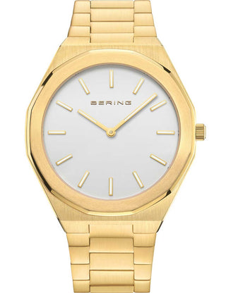 Front view of Bering 19641-730 Silver Dial Gold Stainless Steel Unisex Watch on white background