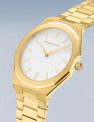 Angle shot of Bering 19641-730 Silver Dial Gold Stainless Steel Unisex Watch on white background