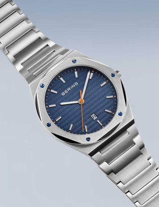 Angle shot of Bering 19742-707 Blue Dial Silver Stainless Steel Unisex Watch on white background