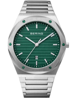 Front view of Bering 19742-708 Green Dial Silver Stainless Steel Unisex Watch on white background